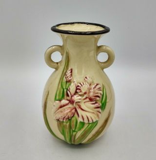 Vintage Ceramic Hand Painted Floral Lilies Double Handled Bud Vase Japan