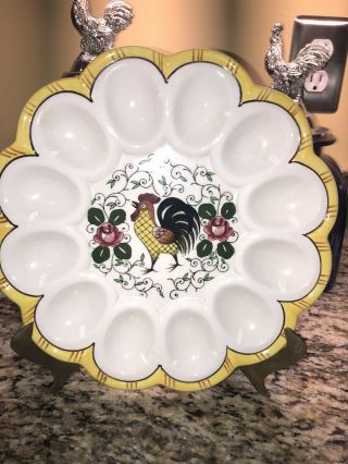 Vintage Py Ucagco Early Provincial Rooster And Roses Deviled Egg Dish Plate