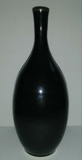 Modern Long Neck Art Studio Pottery Vase Signed " Hartman 2005 " Black Glazed