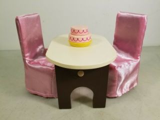 1:6 Scale Wooden Dollhouse Furniture: Dining Table,  2 Chairs & Birthday Cake