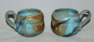 Set Of 2 Handmade Stoneware Mugs Blue Teal Brown