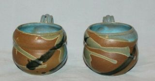 Set of 2 Handmade Stoneware Mugs Blue Teal Brown 2