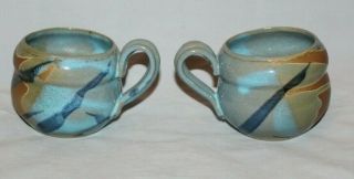 Set of 2 Handmade Stoneware Mugs Blue Teal Brown 3