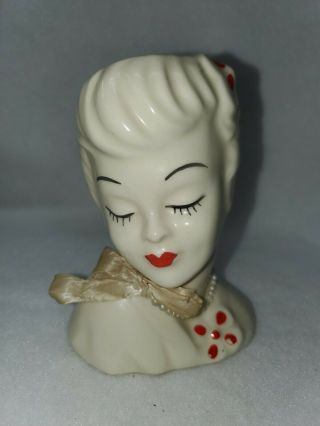 Vintage Lady Head Vase Ivory With Red Flowers 5.  5 "
