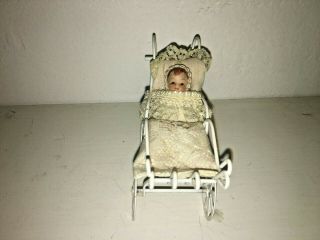 Dollhouse Miniature White Painted Metal Carriage With Attached Porcelain Doll