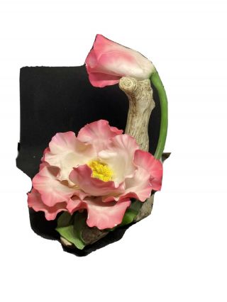 7” Vintage Capodimonte Italian Porcelain Pink Flowers On A Log