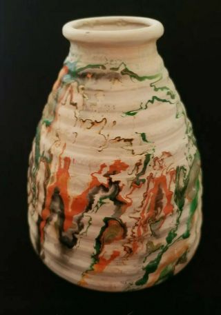 Nemadji Art Pottery Clay Vase Marbled Orange Brown Green Southwest Usa Ribbed
