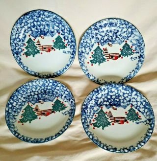 4 Blue Sponge Folk Craft Tienshan Christmas Cabin In The Snow Salad Plates