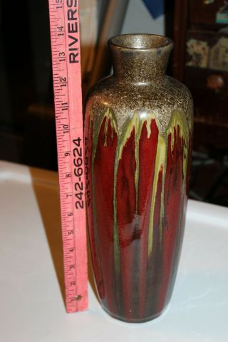 Red/maroon 13 " High Pottery Vase With Drip Glaze
