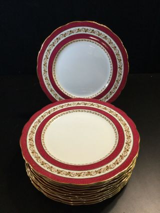 12 Red Gold Dinner Plates George Jones Crescent China Roses 10.  5”
