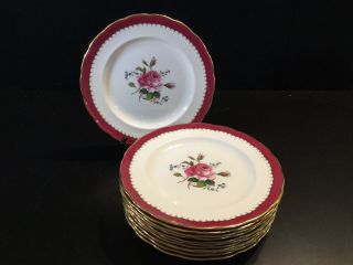 12 Red Gold Dinner Plates George Jones Crescent China Roses Signed Birbeck