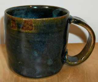 Glazed Clay Pottery Coffee & Tea Mug - Dark Blue,  Green,  & Brown 2 - 5/8 " High