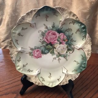 Antique Rs Prussia 8.  75 " Handpainted Floral Plate - Roses W/ Green Gold Accents