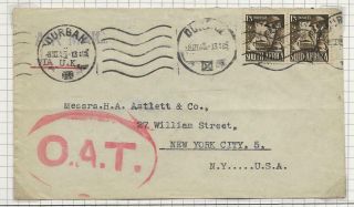 2936 South Africa Mar 1945 Airmail Cover T Usa With Large Red Oval O.  A.  T.  Cachet