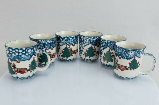 Tienshan Folk Craft Cabin In The Snow Coffee Mugs Set Of 6