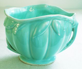 Vintage Mc Coy Aqua 2 Handled Ceramic Vase Planter Pot