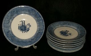8 Vintage Currier & Ives Blue & White Royal China " Steamboat " 6 " Saucer Plates