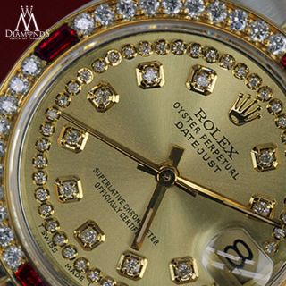 Rolex Ss & Gold 36mm Datejust Unisex Watch Champagne String Dial Ruby & Diamond