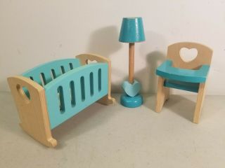 1:6 Scale Wooden Dollhouse Furniture: Baby Highchair,  Crib & Floor Lamp