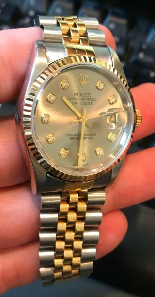 Rolex 16233 18k Gold/steel Datejust 36mm Slate Diamond Dial Oyster Perpetual