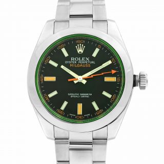 Rolex Milgauss Green Crystal Orange Hand Black Dial Mens Watch 116400GV 2