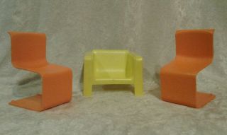 Barbie Townhouse Mod Furniture Couch w Chairs Yellow Orange 1973 Living Room Set 2