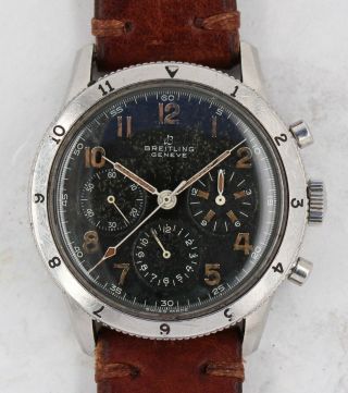 Vintage Breitling 765 Avi Steel Chronograph Wristwatch Venus 178 All - Black Rare