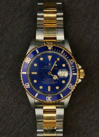 Mens Rolex Submariner Date 18k Yellow Gold & Steel Watch Blue Dial Bezel 2