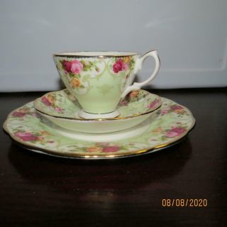3 Piece Trio Royal Albert Rose Cameo Green - Cup,  Saucer & Plate W/gold -