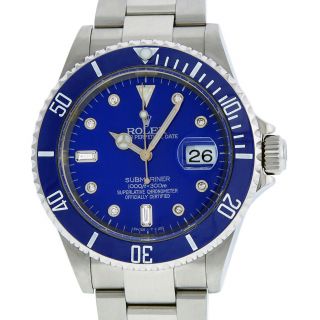 Rolex Mens Stainless Steel Oyster Submariner Watch With Blue Diamond Dial 16610