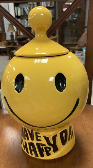 Vtg Usa Mccoy Pottery Yellow Have A Happy Day Smiley Face Cookie Jar 1970 