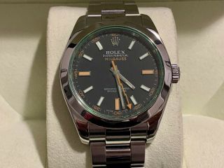 Very Rare Rolex Milgauss Green Crystal Black Dial Watch 116400v In Full Set