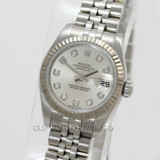 Rolex Lady Datejust 179174 Silver Diamond Dial Stainless Steel 18k Bezel W/box