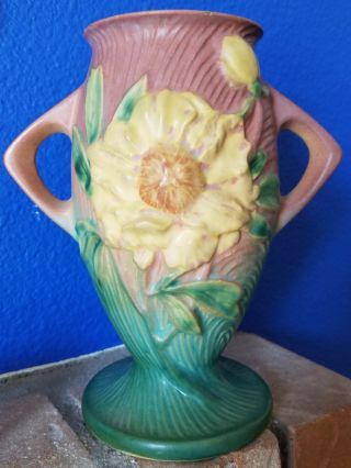 Roseville Pottery White Rose Pink Small Ceramic Vase 7 1/2 In Tall