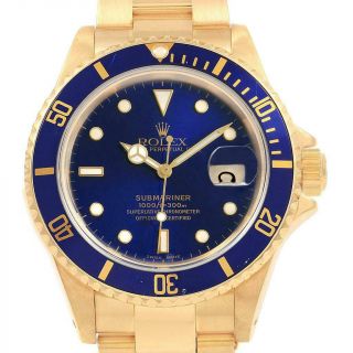 Rolex Submariner 18k Yellow Gold Blue Dial Bezel Mens Watch 16618