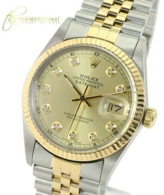 Rolex Mens Datejust 16233 Two - Tone Champagne Diamond Dial Fluted Bezel 36mm