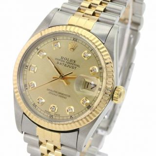 Rolex Mens Datejust 16233 Two - tone Champagne Diamond Dial Fluted Bezel 36mm 2