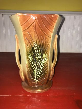 Vintage Mccoy Brown Wheat Pattern Double Handled Vase