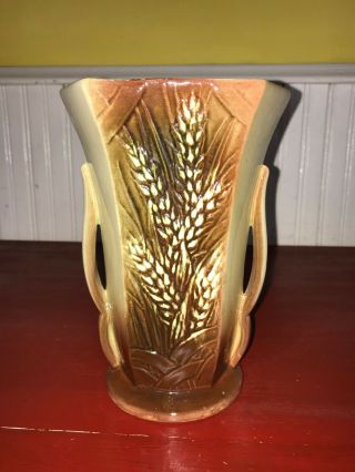 Vintage McCoy Brown Wheat Pattern Double Handled Vase 2