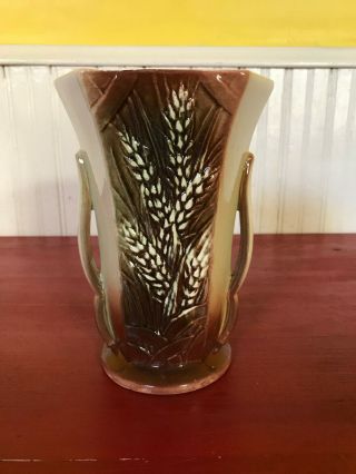 Vintage McCoy Brown Wheat Pattern Double Handled Vase 3