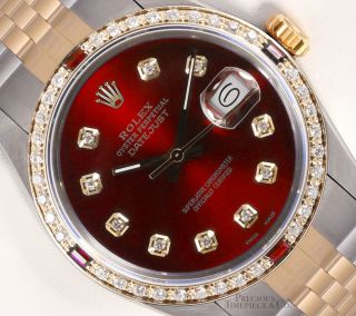 Rolex Mens Datejust Two Tone 36mm Watch 18k Ruby Diamond Bezel - Red Diamond Dial