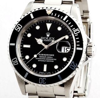 Mens Rolex Submariner Stainless Steel Watch Date Sub Black Dial & Bezel 16610 2