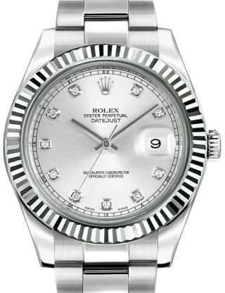 Rolex Datejust Ii Steel & 18k White Gold Bezel Diamond Dial 41mm Watch 116334