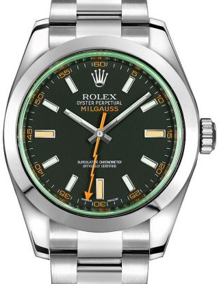 Rolex Milgauss Steel Black Dial Green Crystal Orange Hand Watch Boxpapers 116400