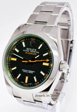 Rolex Milgauss Steel Black Dial Green Crystal Orange Hand Watch BoxPapers 116400 3