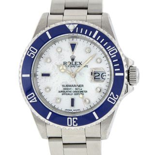 Rolex Mens Stainless Steel Blue Submariner Watch With Mop Diamond Dial 16610