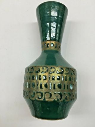 Vintage Italian Porcelain Vase Green W Gold Design Signed Italy 10 "