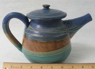Teapot Studio Pottery Signed Hand Thrown Blue,  Turquoise,  Brown Large 9 " Wide