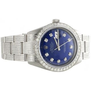 Mens Rolex 36mm Datejust Diamond Watch Fully Iced Band Custom Blue Dial 5.  10 Ct.
