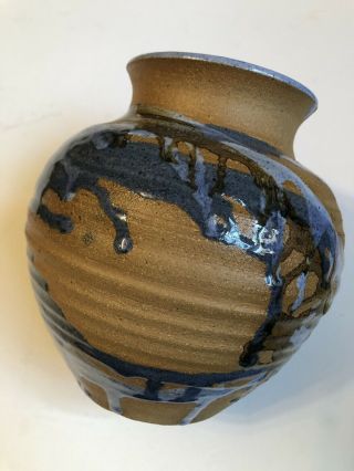Vtg Ann Goldman Art Studio Pottery Vase Hand Thrown Blue Brown Dripped Glaze